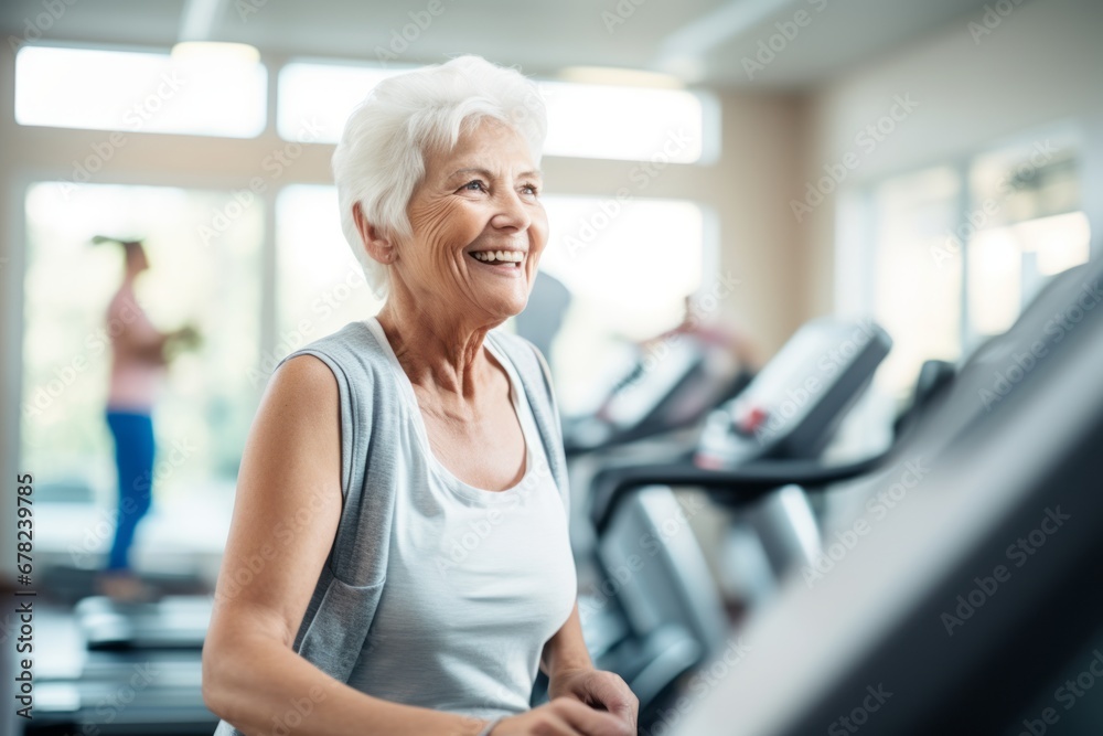 Obraz premium energetic mature woman doing physical rehabilitation exercises in a rehabilitation center