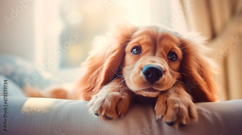Cavalier King Charles Spaniel puppy lying on a sofa at home