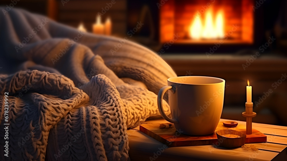 Mug of hot coffee or tea stands next to a warm blanket. A fireplace and candles are burning in the background. A cozy atmosphere in winter or autumn time. Seasonal background. Generative AI. Mug of hot coffee or tea stands next to a warm blanket. A fireplace and candles are burning in the background. A cozy atmosphere in winter or autumn time. Seasonal background. Generative AI.