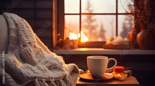 Mug of hot coffee or tea stands next to a warm blanket. A fireplace and candles are burning in the background. A cozy atmosphere in winter or autumn time. Seasonal background. Generative AI.