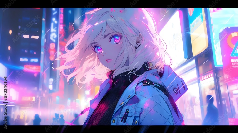 Fototapeta premium Synthwave anime manga girl, lofi bacground wallpaper design