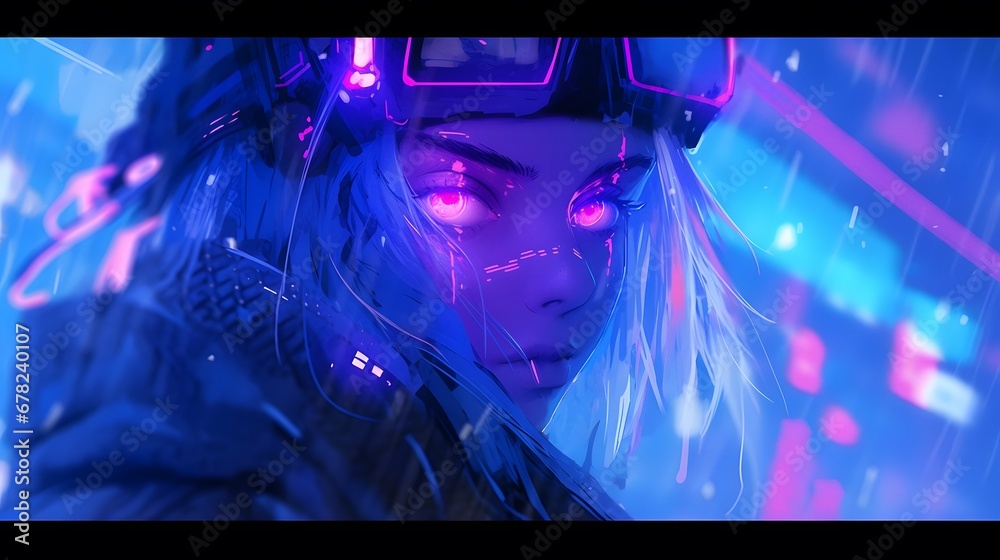 Fototapeta premium Synthwave anime manga girl, lofi bacground wallpaper design