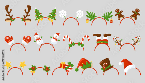 Christmas headband. Headdress for party, festival, carnival, holiday. Headband with elk horns, Christmas tree, snowmen, mittens, Santa's hat, candy cane, gifts, gingerbread man. Cartoon. Vector. © Oksana_Skryp