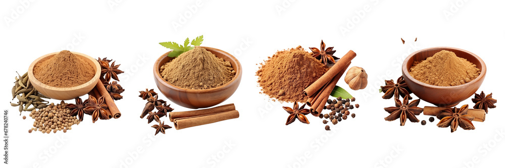 Set of Indian garam masala spices powder for vegetarian or non vegetarian cooking isolated on transparent or white background - obrazy, fototapety, plakaty 