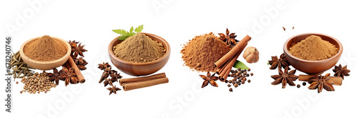 Set of Indian garam masala spices powder for vegetarian or non vegetarian cooking isolated on transparent or white background photo