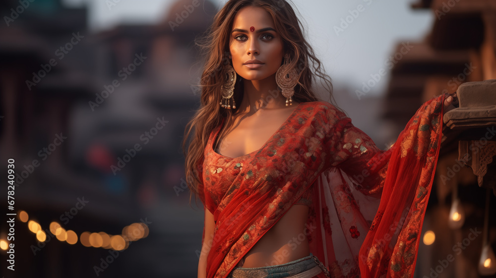 Indian fashion model in a sari on Benaras ghats and posing for camera