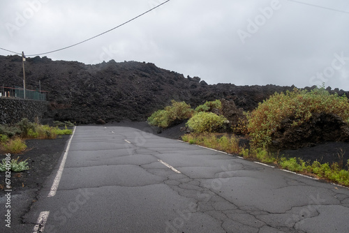 Road closed due to the passage of a lava flow in the last eruption of La Palma volcano