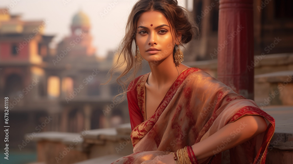 Indian fashion model in a sari on Benaras ghats and posing for camera Indian fashion model in a sari on Benaras ghats and posing for camera