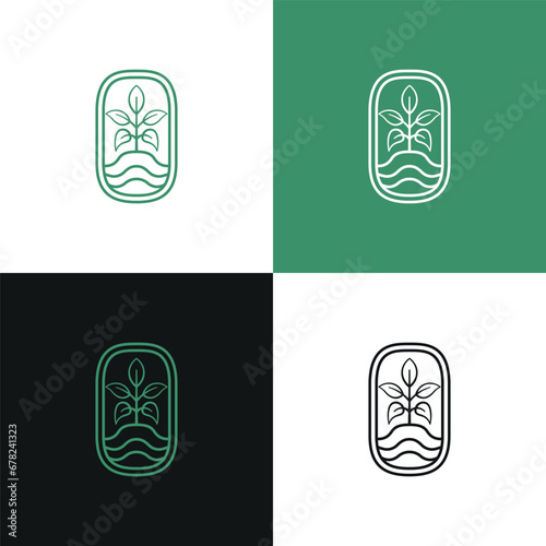 Plant line logo growing with flowing water in oval design concept