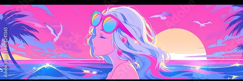 Synthwave anime manga girl, lofi bacground wallpaper design photo