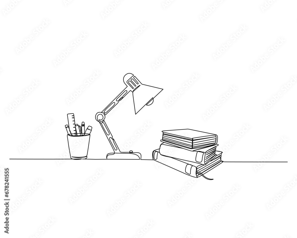 Continuous one line drawing of books table lamp and pen, ruler, pencil and brush in a glass.  education concept. Editable outline