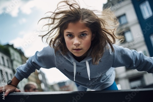 active kid female doing parkour in the city