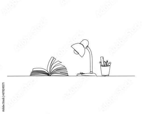 Continuous one line drawing of books table lamp and pen, ruler, pencil and brush in a glass.  education concept. Editable outline photo