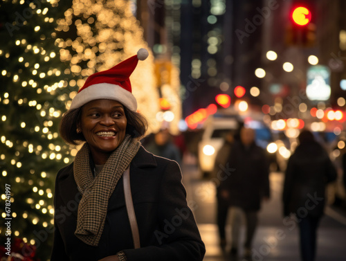 business people wearing a Santa hat walks down the street on Christmas night © kalafoto