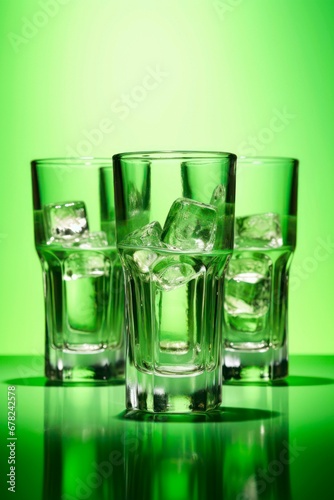 Shots of strong spirits or tinctures on green background.