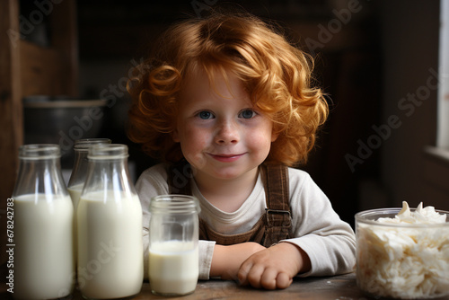 happy child drinking glass of milk in the kitchen