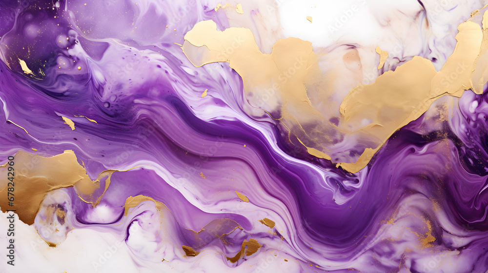 Abstract marble stone granite ink painted painting texture luxury background banner - Gold purple waves swirls and painted splashes, photography studio backdrop, wedding invitation card, generative ai