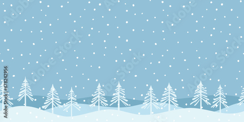 Minimalistic winter landscape, cartoon nature, forest and falling snow, seamless border, vector illustration