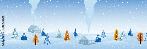 Winter landscape  cartoon nature  village houses among the trees  seamless border  vector illustration