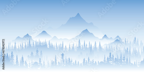 Winter landscape, cartoon nature, mountains with forest in the fog, vector illustration photo