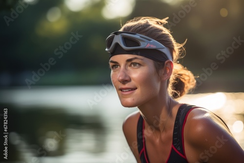 serious girl in her 30s practicing triathlon outdoors