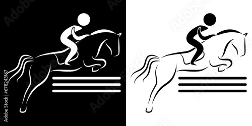 Pictogrammes représentant un cavalier sur son cheval sautant une barrière, dans la discipline du saut d’obstacle, une des compétitions sportives en équitation.