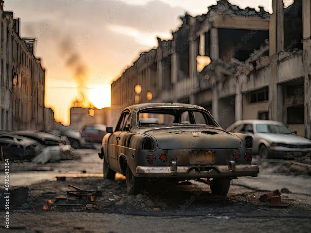 A Car in an Abandoned City, Representing War and Disaster, Generative AI