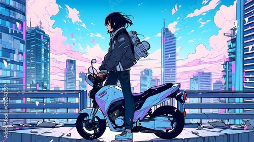 Synthwave anime manga girl riding a bike, lofi bacground wallpaper design, motorcycle, driving, sunset, neon colors, poster, 
