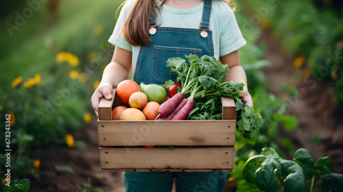 Vegetables in the wooden box, hands of a girl or woman in the garden. Selective focus. Food. tomatoes, pepper, carrot, broccoly photo