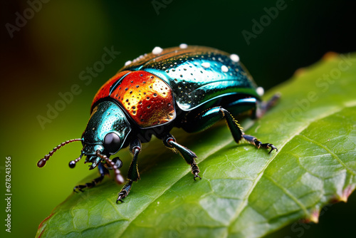 A Leaf Beetle munching on a leaf, its small size and vibrant colors adding a burst of life to the vegetation.