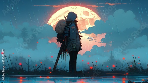 Synthwave anime manga girl, lofi bacground wallpaper design