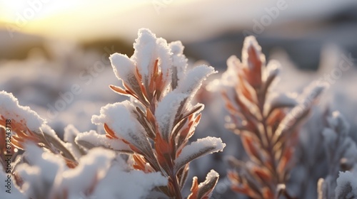 Frozen Patagonian Flora: A close-up of snow-covered plants and shrubs in Patagonia. 