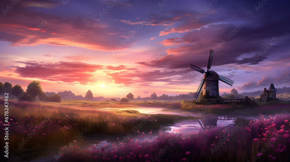 Traditional Wooden Windmill, summer green meadows, sunset