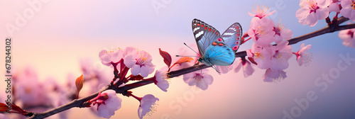 Beautiful butterfly in flight and branch of flowering apricot cherry tree in spring on light blue and violet background macro. Elegant artistic image nature. Banner format, copy space. Generative AI. photo
