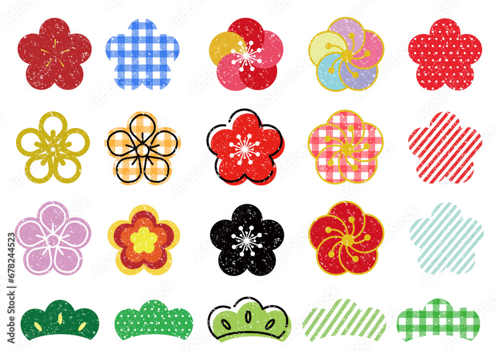 スタンプ風の梅の花と松イラストセット