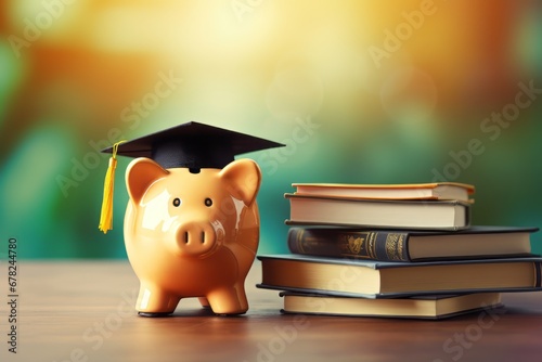 piggy bank with a degree hat on top stack of books, Education background concept with Copy space. photo