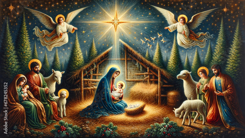 Star of Bethlehem: A Vision of the Nativity Scene with Mary holding the Baby Jesus and Angels Above.