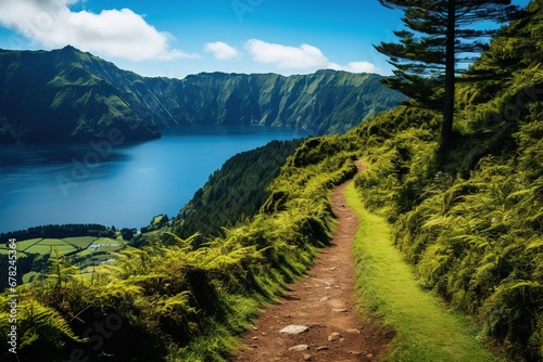 Walking path to the lake in the mountains, Azores, Portugal
