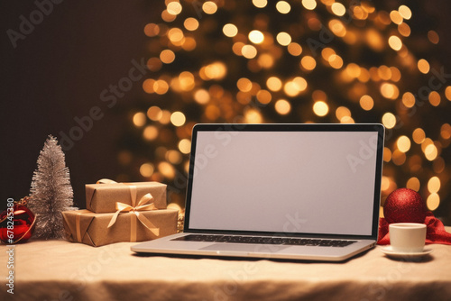 Laptop with blank screen on table in front of christmas tree.