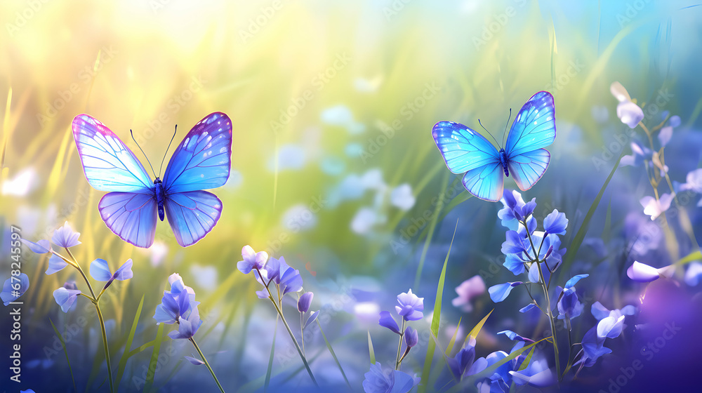 Blue butterflies flying on a warm day in a magical garden. Spring in the meadow among wildflowers. Seasonal summer background. Colorful bokeh. Generative AI. Blue butterflies flying on a warm day in a magical garden. Spring in the meadow among wildflowers. Seasonal summer background. Colorful bokeh. Generative AI.