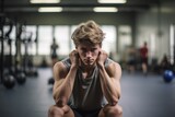 Medium shot portrait photography of an exhausted boy in his 20s doing kettlebell exercises in a gym. With generative AI technology