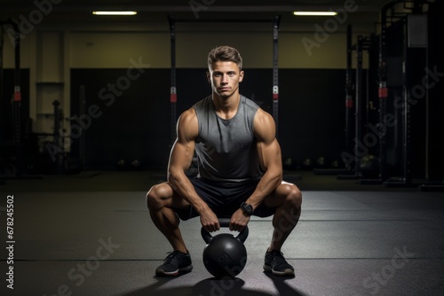 Sports portrait photography of a relaxed boy in his 20s doing kettlebell exercises in an empty room. With generative AI technology