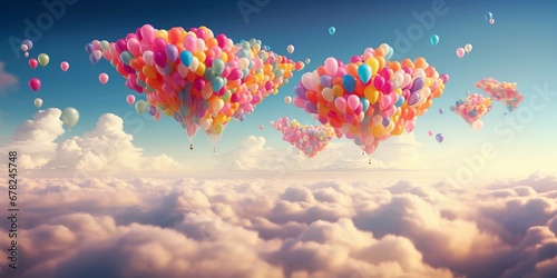 A million of multi - colored ballons flying away in a cloudy sky and becoming clouds