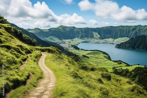 Walking path to the lake in the mountains, Azores, Portugal © Rudsaphon