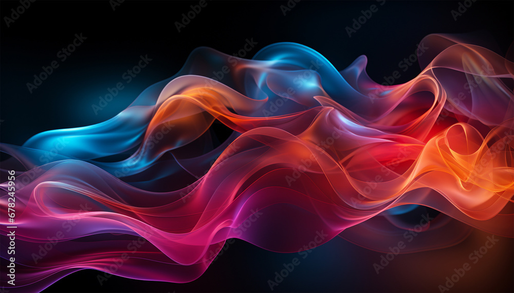 Abstract 3d render. Multicolored waves. Holographic shape in motion. Iridescent gradient digital art for banner background, wallpaper. Transparent glossy design element flying in seascape. Black Abstract 3d render. Multicolored waves. Holographic shape in motion. Iridescent gradient digital art for banner background, wallpaper. Transparent glossy design element flying in seascape. Black