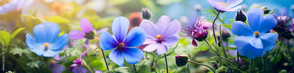Floral spring background in a garden meadow. Close-up of blooming flowers. Magic light. Summer wide banner. Seasonal backdrop, wallpaper. Generative ai. Floral spring background in a garden meadow. Close-up of blooming flowers. Magic light. Summer wide banner. Seasonal backdrop, wallpaper. Generative ai.