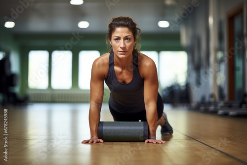 Environmental portrait photography of an inspired girl in her 30s doing exercises on a foam roller in an empty room. With generative AI technology photo