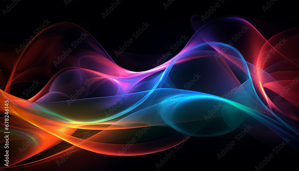 Abstract 3d render. Multicolored waves. Holographic shape in motion. Iridescent gradient digital art for banner background, wallpaper. Transparent glossy design element flying in seascape. Black 