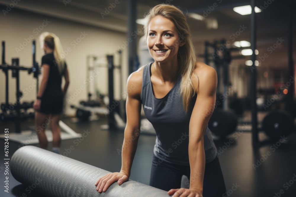 Medium shot portrait photography of a fitness girl in her 30s doing exercises on a foam roller in a gym. With generative AI technology