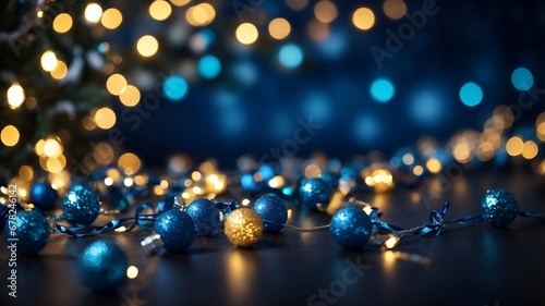 New Year and Christmas background with gold and blue balls. Christmas garland bokeh lights over blue background. 